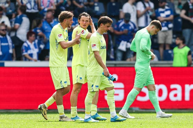 Fabian Reese Hertha BSC Berlin,11 and goalkeeper Tjark Ernst Hertha BSC,1 2 Soccer Bundesliga Season 2025 2026 Point Match 1 FC Magdeburg vs Hertha BSC Berlin at the Avnet Arena in Magdeburg Action,Soccer,Man,Men,Germany,03 05 2026