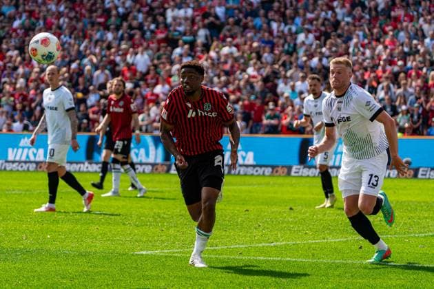 Hannover, Germany 03 May 2026 2 BL 2025 2026 Sp 32 Hannover 96 v Preußen Münster Pictured from left in duel Ime Daniel Okon HAN and Lars Lokotsch PRM DFL DFB regulations prohibit any use of photographs as image sequences and or quasi video Heinz von Heiden Arena Niedersachsen Copyright: xFotostandx xKruczynskix