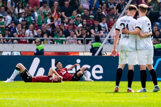 Hannover, Germany 03 May 2026 2 BL 2025 2026 Sp 32 Hannover 96 v Preußen Münster Pictured from left Stefan Teitur Thordarson HAN , Niko Koulis PRM and Paul Jaeckel Jäckel PRM are unhappy on the pitch DFL DFB regulations prohibit any use of photographs as image sequences and or quasi video Heinz von Heiden Arena Niedersachsen Copyright: xFotostandx xKruczynskix