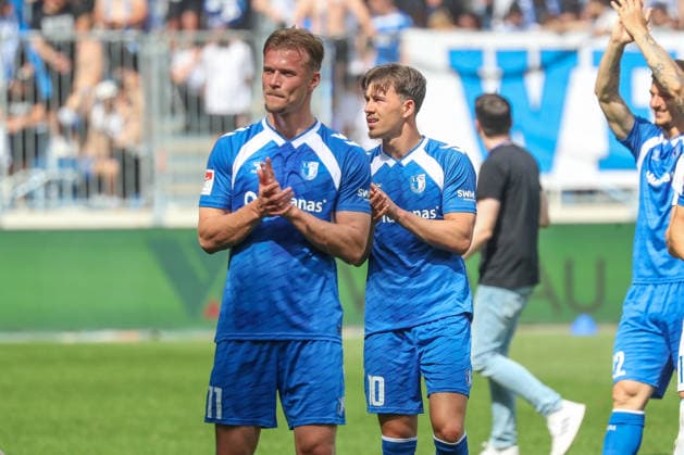 03 05 2026, xgox, Fußball 2 Bundesliga 1 FC Magdeburg Hertha BSC Berlin emspor, v l Alexander Ahl Holmstroem Magdeburg, 11 , Noah Pesch Magdeburg, 10 Jubel über den Sieg, Jubel nach Spielende DFL DFB REGULATIONS PROHIBIT ANY USE OF PHOTOGRAPHS as IMAGE SEQUENCES and or QUASI VIDEO Magdeburg