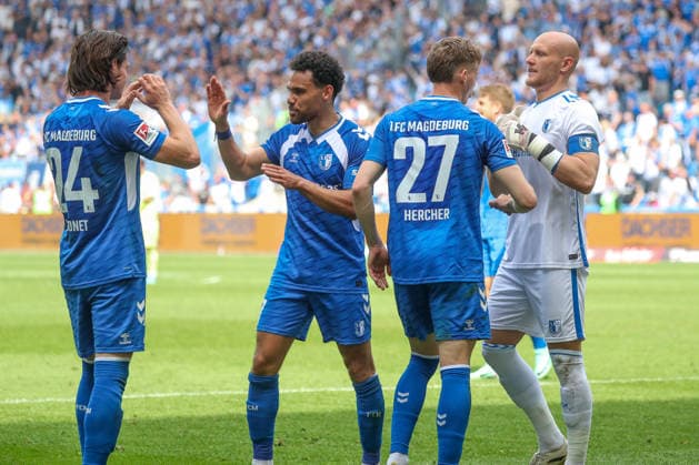 03 05 2026, xgox, Soccer 2 Bundesliga 1 FC Magdeburg Hertha BSC Berlin emspor, f l Jean Hugonet Magdeburg, 24 , Herbert Bockhorn Magdeburg, 7 , Philipp Hercher Magdeburg, 27 , Dominik Reimann Magdeburg, 1 Cheering about the victory, cheering after the end of the match DFL DFB REGULATIONS PROHIBIT ANY USE OF PHOTOGRAPHS as IMAGE SEQUENCES and or QUASI VIDEO Magdeburg