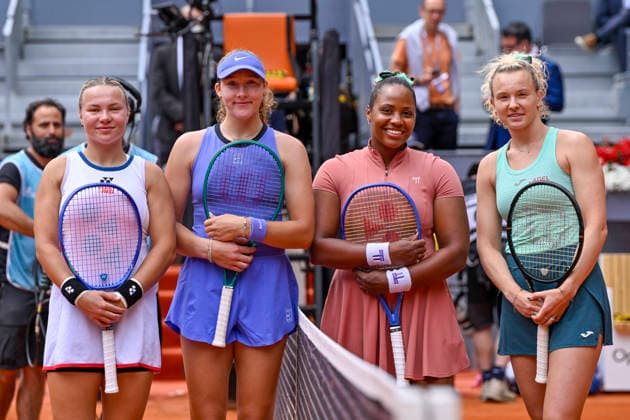 May 3, 2026, Madrid, Madrid, Spain: (L) DIANA SHNAIDER, MIRRA ANDREEVA, TAYLOR TOWNSEND and KATERINA SINIAKOVA pose for a photo during the Mutua Madrid Open 2026, ATP, Tennis Herren Masters 1000 and WTA, Tennis Damen 1000 tennis tournament, celebrated at Caja Magica on 01 may, 2026 in Madrid, Spain. Madrid Spain - ZUMAc312 20260503_zsp_c312_053 Copyright: xOscarxManuelxSanchezx