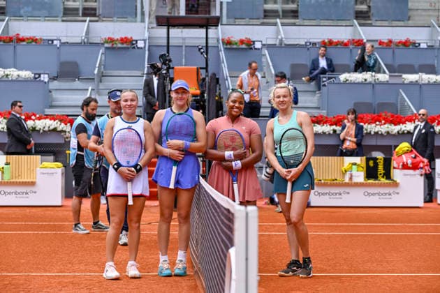 May 3, 2026, Madrid, Madrid, Spain: (L) DIANA SHNAIDER, MIRRA ANDREEVA, TAYLOR TOWNSEND and KATERINA SINIAKOVA pose for a photo during the Mutua Madrid Open 2026, ATP, Tennis Herren Masters 1000 and WTA, Tennis Damen 1000 tennis tournament, celebrated at Caja Magica on 01 may, 2026 in Madrid, Spain. Mutua Madrid Open 2026 - Day 14 (05.03.26)  - ZUMAc312 20260503_zsp_c312_052 Copyright: xOscarxManuelxSanchezx