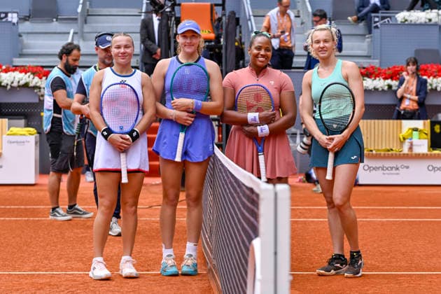 May 3, 2026, Madrid, Madrid, Spain: (L) DIANA SHNAIDER, MIRRA ANDREEVA, TAYLOR TOWNSEND and KATERINA SINIAKOVA pose for a photo during the Mutua Madrid Open 2026, ATP, Tennis Herren Masters 1000 and WTA, Tennis Damen 1000 tennis tournament, celebrated at Caja Magica on 01 may, 2026 in Madrid, Spain. Mutua Madrid Open 2026 - Day 14 (05.03.26)  - ZUMAc312 20260503_zsp_c312_054 Copyright: xOscarxManuelxSanchezx