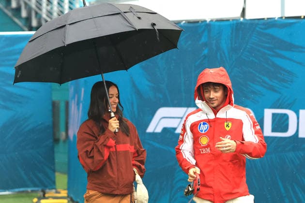 RECORD DATE NOT STATED 3rd May 2026; Miami International Autodrome, Miami, Florida, United States of America; 2026 FIA Formula 1 Miami Grand Prix Race Day; Charles Leclerc (16) of Monaco and Scuderia Ferrari HP walks with Rebecca Donaldson JeffxRobinson