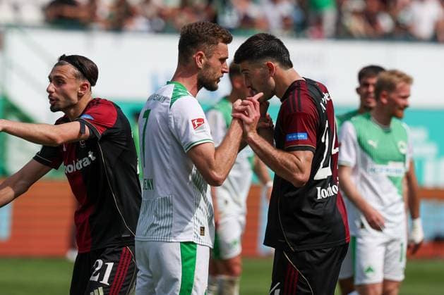 Dennis Srbeny 7 Spvgg Greuther Fuerth , Berkay YÄ±lmaz 21 1FC Nuernberg , Luca Lochosvili 24 1FC Nuernberg and Noel Futkeu 9 Spvgg Greuther Fuerth argue after the end of the match, emotions, SpVgg Greuther Fuerth vs 1 FC Nuernberg, Football, Men, 2 Bundesliga, DFL, Season 2025 2026, Matchday 32, Second round, 03 05 2026 DFB regulations prohibit any use of photographs as image sequences and or quasi video Fuerth Bayern Germany Copyright: xkolbert-press MartinxAgüerax
