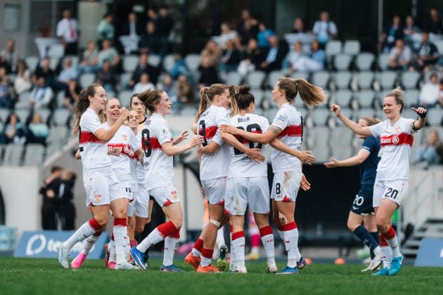03.05.26, Women, Football, 2.Bundesliga, Season 2025 2026, VFL Bochum 1848 - VfB Stuttgart, Matchday 24 Nicole Billa ( 26 - VfB Stuttgart) celebration of the goal for the 2:0 with the team BOCHUM Lohrheidestadion - Wattenscheid NRW Deutschland