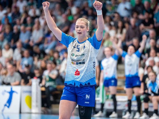 Kim Hinkelmann Sport Union Neckarsulm, 05 ballt die Jubelfaeuste, Frisch Auf Goeppingen vs Sport Union Neckarsulm, Handball, 1 Bundesliga, Season 2025 2026, 03 05 2026 Frisch Auf Goeppingen vs Sport Union Neckarsulm, Handball, 1 Bundesliga, Season 2025 2026, 03 05 2026 Goeppingen Copyright: xMichaelxSchmidt Eibner-Pressefotx EP_MST