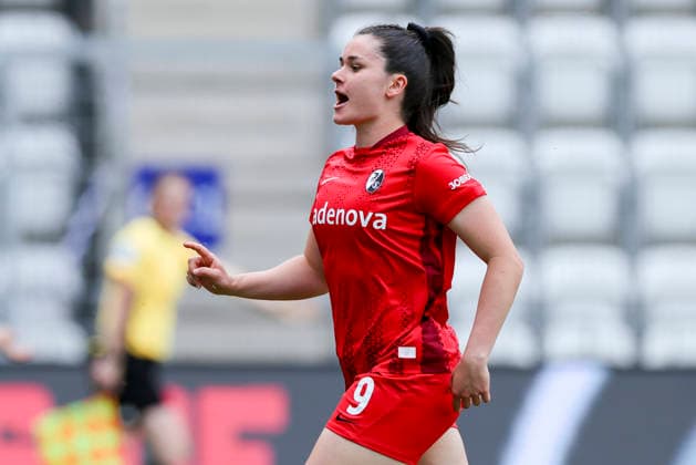 Svenja Foelmli SC Freiburg celebrates her goal for 0 1, Google Pixel Frauen Bundesliga, FC Carl Zeiss Jena v SC Freiburg, ad hoc Arena, May 03, 2026 in Jena, Germany Photo by Marco Steinbrenner DeFodi Images Svenja Foelmli SC Freiburg celebrates after scoring her teams first goal, Google Pixel Womens Bundesliga, FC Carl Zeiss Jena v SC Freiburg, ad hoc Arena, May 3, 2026 in Jena, Germany Photo by Marco Steinbrenner DeFodi Images DFB DFL REGULATIONS PROHIBIT ANY USE OF PHOTOGRAPHS AS IMAGE SEQUENCES AND OR QUASI VIDEO