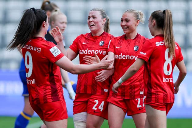 Ingibjoerg Sigurdardottir SC Freiburg celebrates her goal with teammates, Google Pixel Frauen Bundesliga, FC Carl Zeiss Jena v SC Freiburg, ad hoc Arena, May 3, 2026 in Jena, Germany Photo by Marco Steinbrenner DeFodi Images Ingibjoerg Sigurdardottir SC Freiburg celebrates her goal with teammates, Google Pixel Womens Bundesliga, FC Carl Zeiss Jena v SC Freiburg, ad hoc Arena, May 3, 2026 in Jena, Germany Photo by Marco Steinbrenner DeFodi Images DFB DFL REGULATIONS PROHIBIT ANY USE OF PHOTOGRAPHS AS IMAGE SEQUENCES AND OR QUASI VIDEO