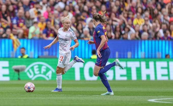 ESP, Barcelona, FC Barcelona vs FC Bayern Munich, WomenÂs Champions League, Football, UEFA, 2025 2026 season, Camp Nou, semi-final, second leg in picture v l Pernille Harder Bayern Munich 21 , Irene Paredes FC Barcelona 2 DFB DFL REGULATIONS PROHIBIT ANY USE OF PHOTOGRAPHS AS IMAGE SEQUENCES AND OR QUASI VIDEO, 03 05 2026 Copyright: HMBxMedia HendrikxHamelau