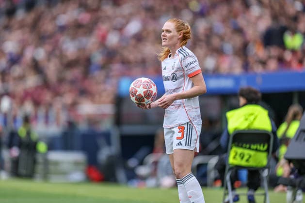 ESP, Barcelona, FC Barcelona vs FC Bayern Munich, WomenÂs Champions League, Football, UEFA, 2025 2026 season, Camp Nou, semi-final, second leg in the picture Stine Ballisager Bayern Munich 3 replaces the red-banned Franziska Kett Bayern Munich 20 DFB DFL REGULATIONS PROHIBIT ANY USE OF PHOTOGRAPHS AS IMAGE SEQUENCES AND OR QUASI VIDEO, 03 05 2026 Copyright: HMBxMedia HendrikxHamelau