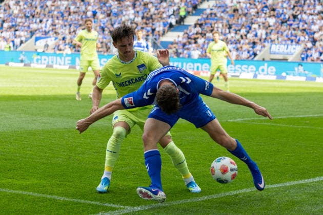 Germany 2 Bundesliga, Matchday 32, 03 05 2026, Season 2025 2026,1 FC Magdeburg vs Hertha BSC, Avnet Arena Karbownik Michal Hertha BSC, 33 in duel against Nollenberger Alexander 1 FC Magdeburg, 17 Copyright: xMichellexLukax