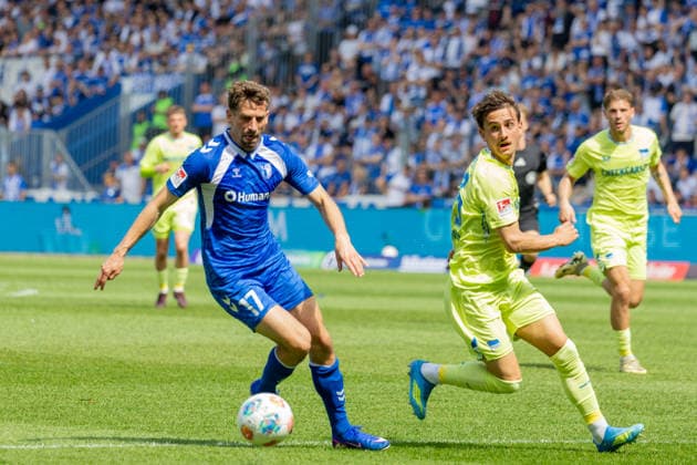 Germany 2 Bundesliga, Matchday 32, 03 05 2026, Season 2025 2026,1 FC Magdeburg vs Hertha BSC, Avnet Arena Nollenberger Alexander 1 FC Magdeburg, 17 in duel against Karbownik Michal Hertha BSC, 33 Copyright: xMichellexLukax