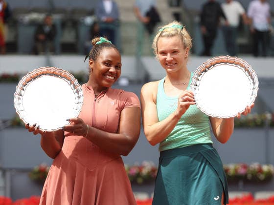 Alberto Simon Taylor Townsend and Katerina Siniakova pose with the winners trophies, during the trophy presentation ceremony of the women doubles final of the Mutua Madrid Open tennis tournament at the Caja Magica, in Madrid on May 3, 2026 Copyright: xALBERTOxSIMONx AgenciaxLOFx
