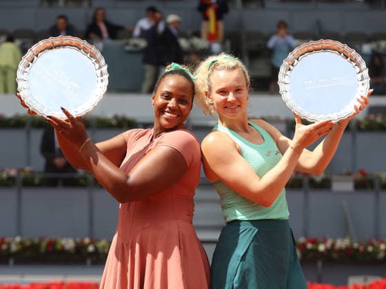 Alberto Simon Taylor Townsend and Katerina Siniakova pose with the winners trophies, during the trophy presentation ceremony of the women doubles final of the Mutua Madrid Open tennis tournament at the Caja Magica, in Madrid on May 3, 2026 Copyright: xALBERTOxSIMONx AgenciaxLOFx