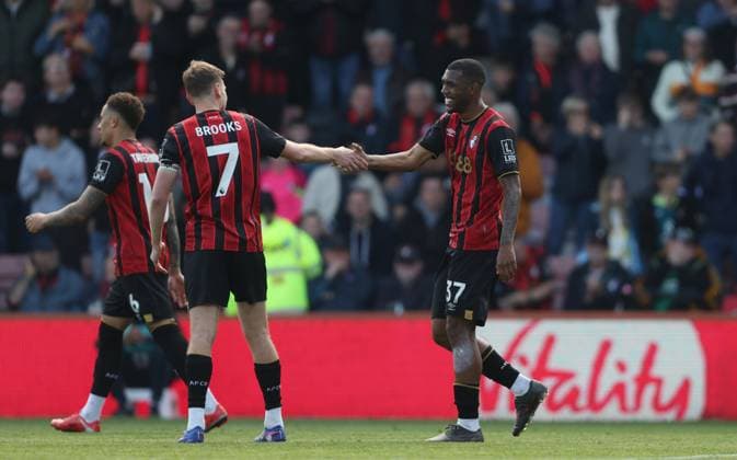 Premier League - AFC Bournemouth v Crystal Palace BOURNEMOUTH, ENGLAND, MAY 03: GOAL 3-0, Rayan of AFC Bournemouth goal celebration with David Brooks of AFC Bournemouth after scoring a goal to put AFC Bournemouth 3-0 ahead during the Premier League match between AFC Bournemouth v Crystal Palace at Vitality Stadium, Bournemouth, England, on May 3. (Photo by Daniel Weir) Bournemouth Vitality Stadium England Copyright: xDanielxWeir SportsxPressxPhotox Sportspressphoto_SPR140893