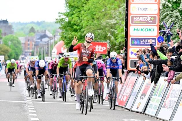 Lotto Famenne Ardenne Classic 2026 Cycling Race MARCHE-EN-FAMENNE, BELGIUM - MAY 03 : De Lie Arnaud (BEL) of Lotto - Intermarche wins the sprint during the 8th edition of Lotto Famenne Ardenne Classic an UCI Class 1.1 one day cycling road race for Men Elite of km with start in Marche-en-Famenne and finish in Marche-en-Famenne on May 3, 2026 in Marche-en-Famenne, Belgium, 03 05 2026 ( Motordriver Guy De Vuyst - Marche-en-Famenne Belgium  Copyright: xJanxDexMeuleneirx