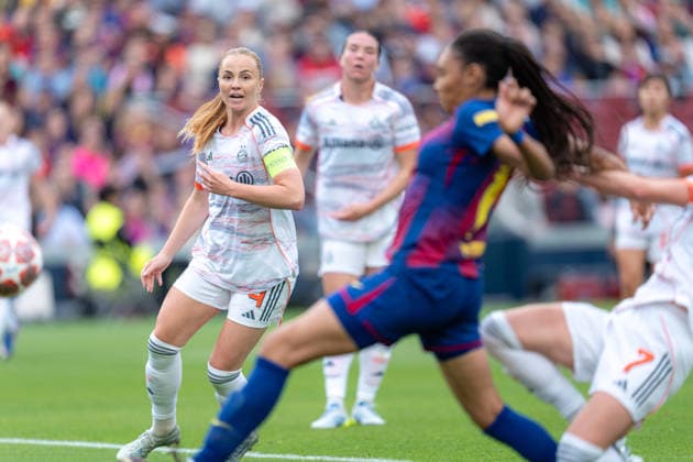 Spain-Football-Women Champions League FC Barcelona, Barca v FC Bayern Munich in Barcelona, Spain. Barcelona, Spain, 3, May, 2026. FC Bayern Munich women player (4) Glodis Perla Viggosdottir reacts during Women Champions League match between FC Barcelona and FC Bayern Munich in Spotify Camp Nou Stadium, Barcelona, Spain, on May 3, 2026. Barcelona Spotify Camp Nou Stadium Barcelona Spain