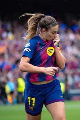Spain-Football-Women Champions League FC Barcelona, Barca v FC Bayern Munich in Barcelona, Spain. Barcelona, Spain, 3, May, 2026. FC Barcelona women player (11) Alexia Putellas celebrates her score during Women Champions League match between FC Barcelona and FC Bayern Munich in Spotify Camp Nou Stadium, Barcelona, Spain, on May 3, 2026. Barcelona Spotify Camp Nou Stadium Barcelona Spain