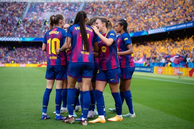 Spain-Football-Women Champions League FC Barcelona, Barca v FC Bayern Munich in Barcelona, Spain. Barcelona, Spain, 3, May, 2026. FC Barcelona women players celebrates the score of (11) Alexia Putellas during Women Champions League match between FC Barcelona and FC Bayern Munich in Spotify Camp Nou Stadium, Barcelona, Spain, on May 3, 2026. Barcelona Spotify Camp Nou Stadium Barcelona Spain
