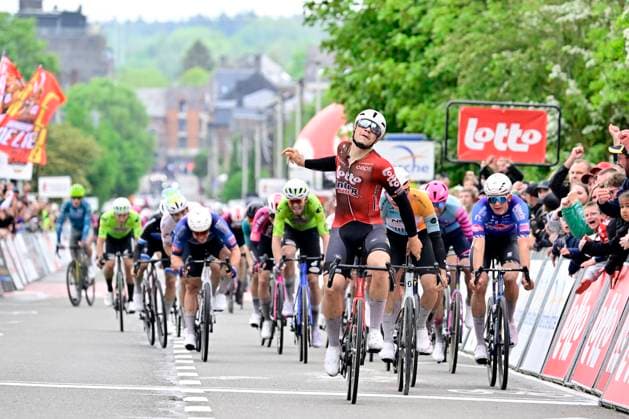 Lotto Famenne Ardenne Classic 2026 Cycling Race MARCHE-EN-FAMENNE, BELGIUM - MAY 03 : De Lie Arnaud (BEL) of Lotto - Intermarche wins the sprint, second place for Verbrugghe Jens (BEL) of NSN Development Team, third place for Moschetti Matteo (ITA) of Pinarello - Q36.5 Pro Cycling Team during the 8th edition of Lotto Famenne Ardenne Classic an UCI Class 1.1 one day cycling road race for Men Elite of km with start in Marche-en-Famenne and finish in Marche-en-Famenne on May 3, 2026 in Marche-en-Famenne, Belgium, 03 05 2026 ( Motordriver Guy De Vuyst - Marche-en-Famenne Belgium  Copyright: xJanxDexMeuleneirx