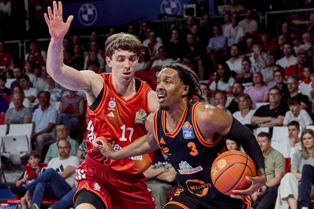 German Basketball Bundesliga BBL , FC Bayern Munich Basketball vs RASTA Vechta, Munich FC Bayern Basketball, Vechta RASTA, 2026 05 03 in Munich BMW Park PARSONS Malik RASTA Vechta Shooting Guard SG Nr3 VEC3 , JESSUP Justinian FC Bayern Munich Basketball Shooting Guard SG Nr10 FCBB10 sportworld Munich BMW Park Bayern Germany