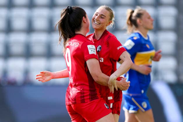 Sophie Nachtigall SC Freiburg celebrates her 0 4 goal with Svenja Foelmli SC Freiburg , Google Pixel Frauen Bundesliga, FC Carl Zeiss Jena v SC Freiburg, ad hoc Arena, May 3, 2026 in Jena, Germany Photo by Marco Steinbrenner DeFodi Images Sophie Nachtigall SC Freiburg celebrates after scoring her teams fourth goal with Svenja Foelmli SC Freiburg , Google Pixel Womens Bundesliga, FC Carl Zeiss Jena v SC Freiburg, ad hoc Arena, May 3, 2026 in Jena, Germany Photo by Marco Steinbrenner DeFodi Images DFB DFL REGULATIONS PROHIBIT ANY USE OF PHOTOGRAPHS AS IMAGE SEQUENCES AND OR QUASI VIDEO
