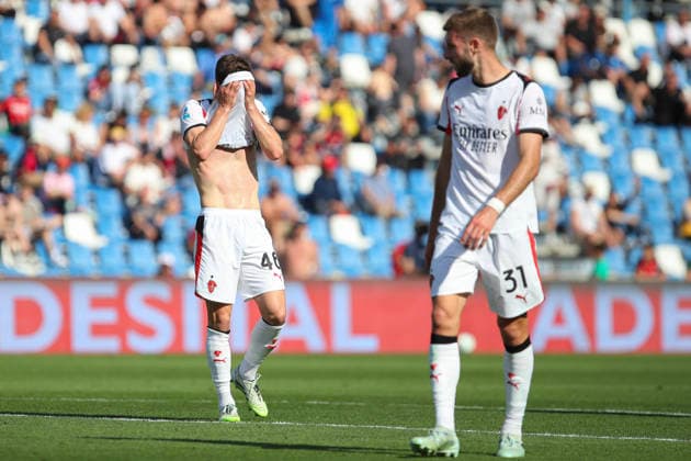 Matteo Gabbia of AC Milan looks dejected during the serie A match between US Sassuolo Calcio and AC Milan at Mapei stadium - Citta del Tricolore in Reggio Emilia (Italy), May 3, 2026. massimilianoxcarnabuci