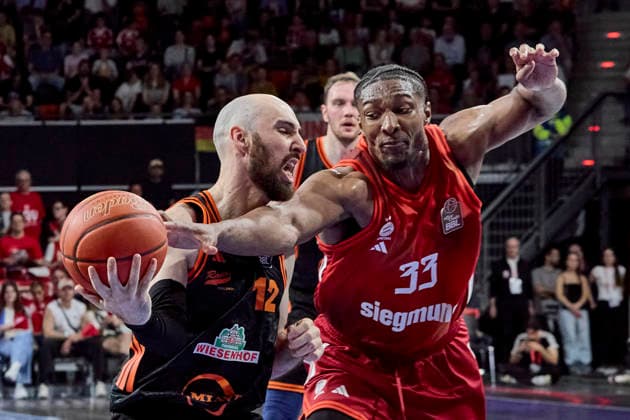 German Basketball Bundesliga BBL , FC Bayern Munich Basketball vs RASTA Vechta, Munich FC Bayern Basketball, Vechta RASTA, 2026 05 03 in Munich BMW Park KUHSE Tommy RASTA Vechta Point Guard PG Nr12 VEC12 , MCCORMACK David FC Bayern Munich Basketball Center C Nr33 FCBB33 sportworld Munich BMW Park Bayern Germany