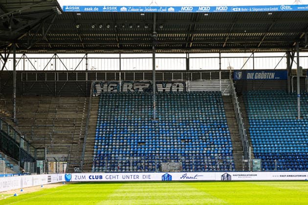 The fans of Hertha BSC Berlin leave a large graffiti in the guest block in the form of a lettering Hertha 2 Fußball Bundesliga Saison 2025 2026 Pointspiel 1 FC Magdeburg vs Hertha BSC Berlin in the Avnet Arena in Magdeburg Fußball,Mann,Männer,Deutschland,03 05 2026