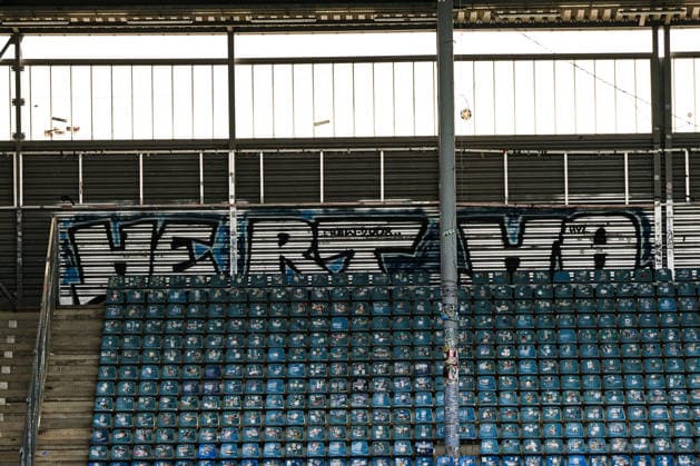 The fans of Hertha BSC Berlin leave a large graffiti in the guest block in the form of a lettering Hertha 2 Fußball Bundesliga Saison 2025 2026 Pointspiel 1 FC Magdeburg vs Hertha BSC Berlin in the Avnet Arena in Magdeburg Fußball,Mann,Männer,Deutschland,03 05 2026