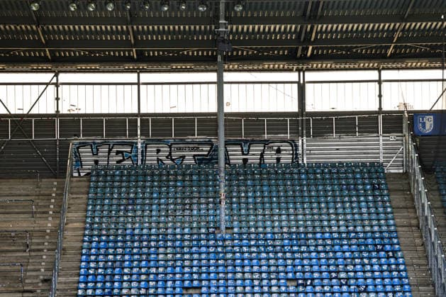 The fans of Hertha BSC Berlin leave a large graffiti in the guest block in the form of a lettering Hertha 2 Fußball Bundesliga Saison 2025 2026 Pointspiel 1 FC Magdeburg vs Hertha BSC Berlin in the Avnet Arena in Magdeburg Fußball,Mann,Männer,Deutschland,03 05 2026