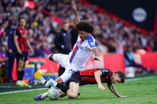3rd May 2026, Bournemouth, Dorset, England; Premier League Football, AFC Bournemouth versus Crystal Palace; Ryan Christie of Bournemouth puts in a tackle on Chris Richards of Crystal Palace KamilxKrella