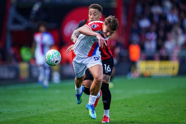 3rd May 2026, Bournemouth, Dorset, England; Premier League Football, AFC Bournemouth versus Crystal Palace; Marcus Tavernier of Bournemouth battles for the ball with Justin Devenny of Crystal Palace KamilxKrella
