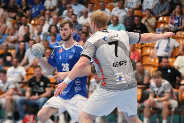 03 05 2026 Handball Men 2025 2026 2 Handball Bundesliga 30 Matchday Dessau Roßlauer HV 06 TV Großwallstadt Anhalt Arena Dessau Yannick Danneberg Dessau, 26, blue on the ball Patrick Gempp Großwallstadt, 7, white is on the defensive Dessau Roßlau Saxony Anhalt Germany