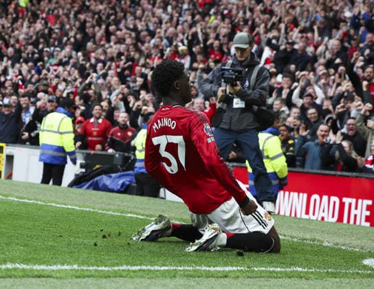 Manchester Utd v Liverpool, FA Premier League 03.05.26 Manchester Utd v Liverpool, FA Premier League Bradley Ormesher The Times Kobbie Mainoo of Manchester United, ManU scores and celebrates scoring his teams 3rd goal  Copyright: xBradleyxOrmesherx NINTCHDBPICT001078049578