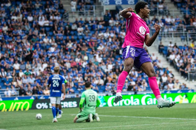 FOOTBALL : Racing de Strasbourg vs Toulouse FC - ligue 1 - Strasbourg - 03 05 2026 Joie des joueurs de l equipe de Toulouse FC apres le but de Dayann Methalie 24 (Toulouse FC)  Copyright: xx