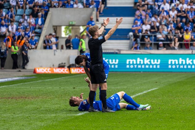 Germany 2 Bundesliga, 32 Matchday, 03 05 2026, Season 2025 2026,1 FC Magdeburg vs Hertha BSC, Avnet Arena Mathisen Marcus 1 FC Magdeburg, 16 , Wienefeld Jarno Referee , Hugonet Jean 1 FC Magdeburg, 24 Copyright: xMichellexLukax