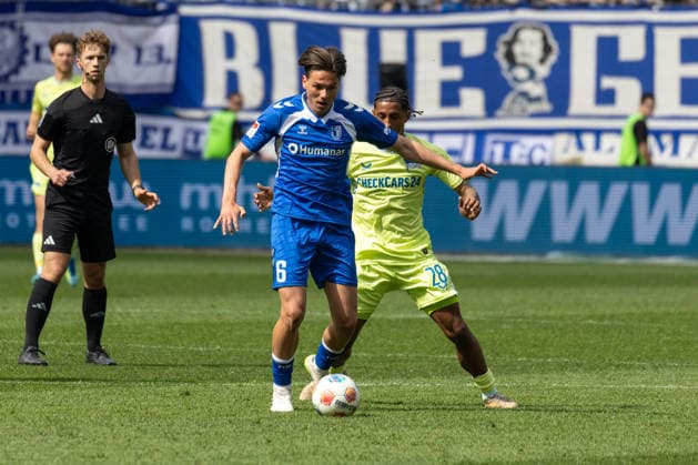 Germany 2 Bundesliga, Matchday 32, 03 05 2026, Season 2025 2026,1 FC Magdeburg vs Hertha BSC, Avnet Arena Stalmach Dariusz 1 FC Magdeburg, 6 in duel against Dudziak Jeremy Hertha BSC, 28 Copyright: xMichellexLukax
