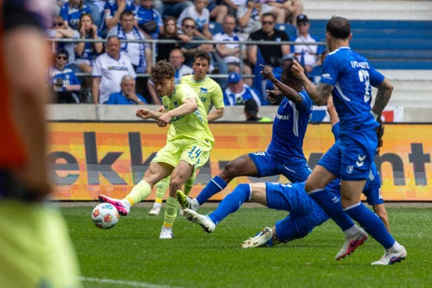 Germany 2 Bundesliga, Matchday 32, 03 05 2026, Season 2025 2026,1 FC Magdeburg vs Hertha BSC, Avnet Arena Krattenmacher Maurice Hertha BSC, 14 in duel against Musonda Lubambo 1 FC Magdeburg, 19 Copyright: xMichellexLukax