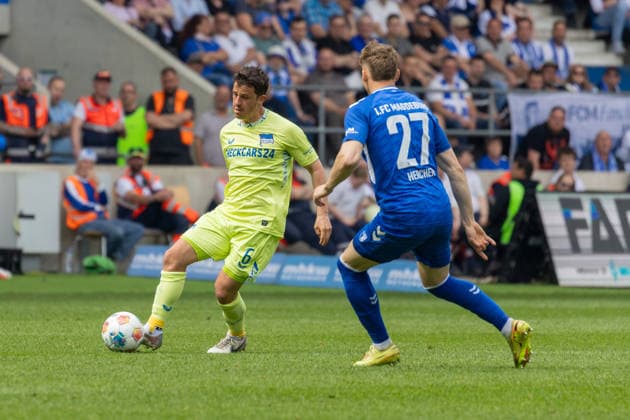 Germany 2 Bundesliga, 32 Matchday, 03 05 2026, Season 2025 2026,1 FC Magdeburg vs Hertha BSC, Avnet Arena Demme Diego Hertha BSC, 6 , Hercher Philipp 1 FC Magdeburg, 27 Copyright: xMichellexLukax