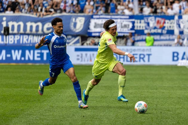 Germany 2 Bundesliga, 32 Matchday, 03 05 2026, Season 2025 2026,1 FC Magdeburg vs Hertha BSC, Avnet Arena Reese Fabian Hertha BSC, 11 in duel against Bockhorn Herbert 1 FC Magdeburg, 7 Copyright: xMichellexLukax