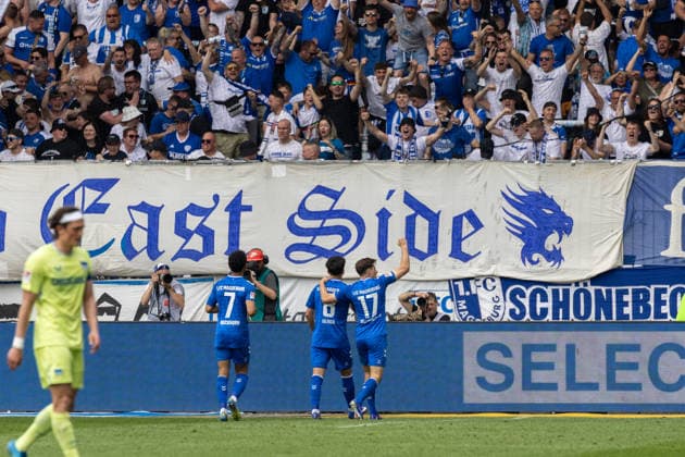Germany 2 Bundesliga, 32 Matchday, 03 05 2026, Season 2025 2026,1 FC Magdeburg vs Hertha BSC, Avnet Arena Goal celebration after the goal for 1 0 for 1 FC Magdeburg by scorer Ulrich Laurin 1 FC Magdeburg, 8 , Nollenberger Alexander 1 FC Magdeburg, 17 , Bockhorn Herbert 1 FC Magdeburg, 7 Copyright: xMichellexLukax