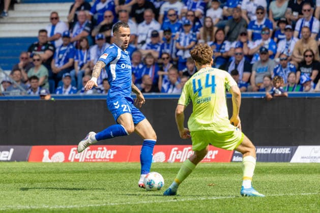 Germany 2 Bundesliga, 32 Matchday, 03 05 2026, Season 2025 2026,1 FC Magdeburg vs Hertha BSC, Avnet Arena Michel Falko 1 FC Magdeburg, 21 , Gechter Linus Hertha BSC, 44 Copyright: xMichellexLukax