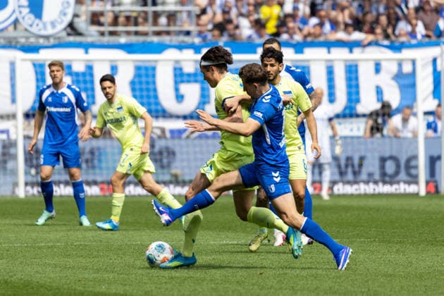 Germany 2 Bundesliga, Matchday 32, 03 05 2026, Season 2025 2026,1 FC Magdeburg vs Hertha BSC, Avnet Arena Reese Fabian Hertha BSC, 11 in duel against Nollenberger Alexander 1 FC Magdeburg, 17 Copyright: xMichellexLukax