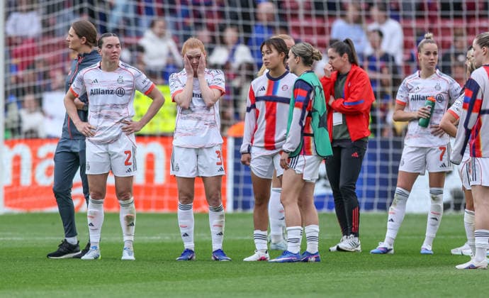 ESP, Barcelona, FC Barcelona vs FC Bayern Munich, WomenÂs Champions League, Football, UEFA, 2025 2026 season, Camp Nou, semi-final, second leg in the picture Sadness and frustration, emotions after the defeat at FC Bayern Women, Vanessa Gilles Bayern Munich 2 , Stine Ballisager Bayern Munich 3 , Momoko Tanikawa Bayern Munich 18 DFB DFL REGULATIONS PROHIBIT ANY USE OF PHOTOGRAPHS AS IMAGE SEQUENCES AND OR QUASI VIDEO, 03 05 2026 Copyright: HMBxMedia HendrikxHamelau