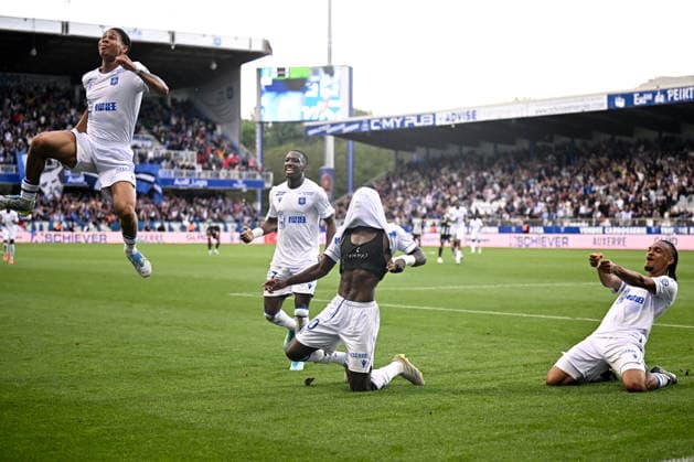 AJ Auxerre v Angers SCO - Ligue 1 McDonald s 2025 2026 05 Kevin DANOIS (aja) - 27 Lamine SY (aja) - 10 Lassine SINAYOKO (aja) - 09 Sekou MARA (aja) during the Ligue 1 McDonald s match between Auxerre and Angers at Stade Abbe Deschamps on May 3, 2026 in Auxerre, France. Auxerre France  Copyright: xFEPx 776348374
