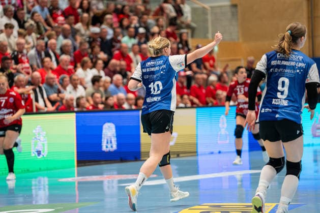 HSG Blomberg Lippe GER vs Thueringer HC GER , Handball, 1 Handball Bundesliga Women, Semifinal, Match 2, 3 5 2026, Season 2025 2026, Bad Langensalza Maxi Muehlner HSG Blomberg Lippe, 10 cheers after a goal Bad Langensalza Salza Halle Germany