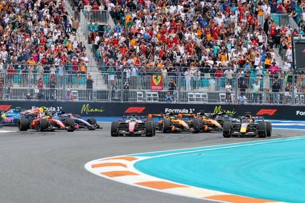 Start, Kimi Antonelli Mercedes AMG Petronas 12 , Max Verstappen Oracle Red Bull Racing 3 , Charles Leclerc Scuderia Ferrari HP 16 , Grand Prix of Miami, Motorsport, Men, Formula 1, Race, 03 05 2026 Miami Florida USA Copyright: xkolbert-press ChristianxKolbertx